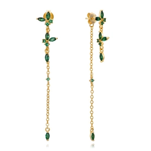 Macro shot of S925 silver stamp on gold geometric earrings with green zircon tassels