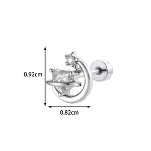 Silver heart and crescent moon zircon stud earrings with size specs 0.92cm by 0.82cm