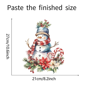 Watercolor Christmas snowman wall sticker with floral motifs, dimensions 21x27 cm size guide