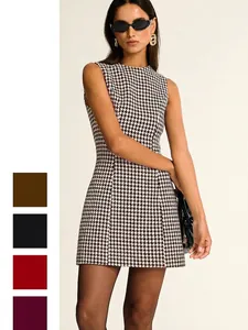 Abito Mini Senza Maniche Pied De Poule Elegante Retrò Scollo Rotondo Quadri Vestibilità Slim Poliestere Moda Estate Donna