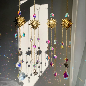 Solar crystal suncatcher set with golden sun face and prism balls for garden window decor