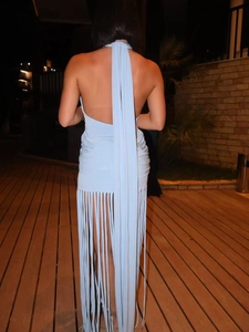 Light blue halter backless bodycon dress with long fringes for party wear