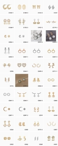 Collage of fashion earrings featuring pearls, zircons, and star-moon designs with model numbers