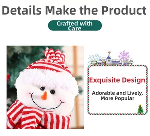 Detail of plush snowman Christmas decoration with red and white striped hat and carrot nose