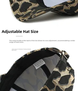 Detail view of jacquard camo baseball cap featuring metal buckle and fabric texture