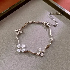 Wave Shape Clover Flower Bracelet Copper Inlaid Zircon Synthetic Opal Adjustable Elegant Fashion Jewelry For Women