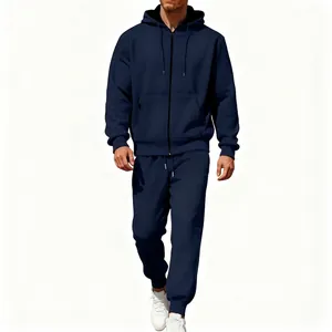 Men's navy blue fleece tracksuit with full-zip drawstring hoodie and jogger pants