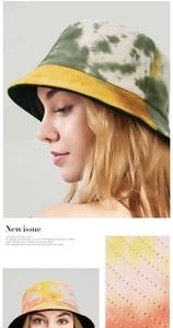Detailed view of tie-dye bucket hat stitching and versatile colorful fabric textures