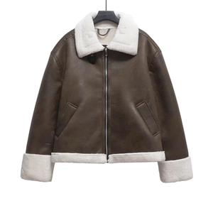 Women Aviator Biker Jacket Faux Leather Suede With Faux Shearling Lining Warm Winter Lapel Zipper Outwear Brown