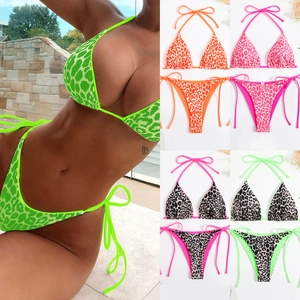 Leopard Print Halter Bikini Top And Side Tie Bottoms Sexy Backless Polyester Swimwear For Women Beach Vacation High Elasticity