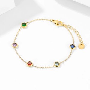 Elegant gold stainless steel bracelet with five colorful round cubic zirconia stones