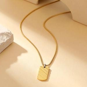 Men's luxury gold stainless steel necklace with textured rectangular pendant and box chain