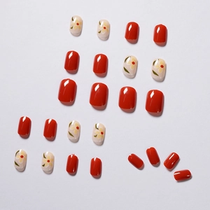 Glossy red and floral white short press-on nails set with shiny finish for women