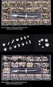Close-up of DIY nail art set with mixed sizes of flatback rhinestones and crystals