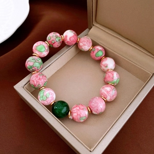 Vintage ceramic beaded elastic bracelet with colorful oil-drip texture and gold plating