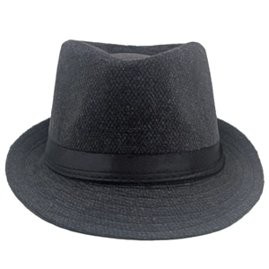 Classic dark grey men's fedora wool felt hat with black ribbon detail on white background