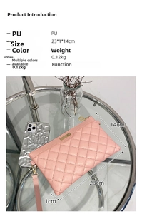 Pink quilted PU leather wristlet pouch with metal zipper and 23x1x14cm dimensions