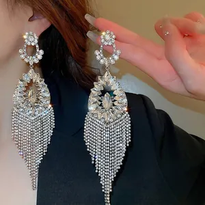 Statement Tassel Drop Earrings With Silver Earring Post Alloy Rhinestone Hollow Flower Waterdrop Sparkling For Party Women
