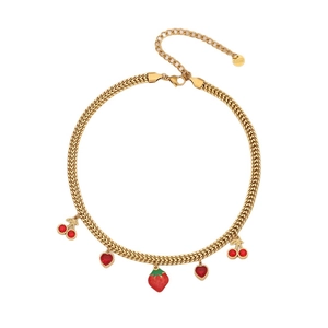 Gold stainless steel woven necklace with red cherry, heart, and strawberry charms