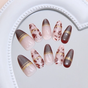 French Cat Eye Press On Nails Leopard Print Golden Lines Almond Shape Autumn Brown ABS Fake Nails For Women