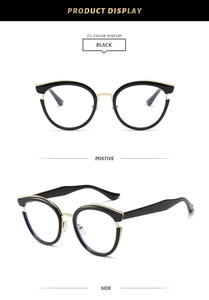 Detail view of stylish black and gold TR90 cat-eye glasses frames from front and side angles
