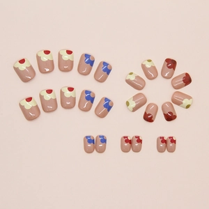 Short square press-on nails in nude pink with colorful hand-painted floral patterns
