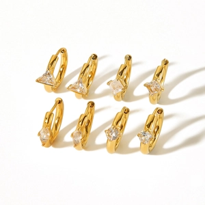 French vintage 18K gold plated stainless steel geometric zircon hoop earrings for women