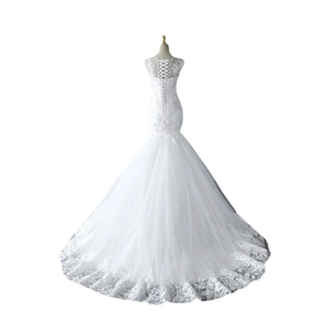 Elegant white mermaid wedding dress with V-neck lace bodice and tiered tulle skirt