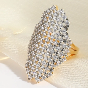Detailed close-up of large irregular cocktail ring with sparkling pavé zircons