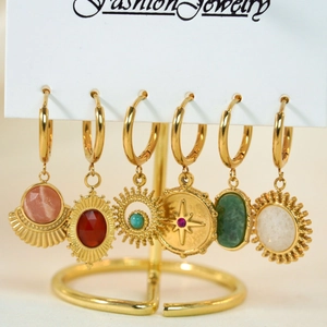 Golden stainless steel hoop earring set with colorful enamel star and sun charms
