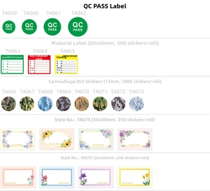 Detailed catalog of floral thank you labels and QC PASS stickers in various sizes