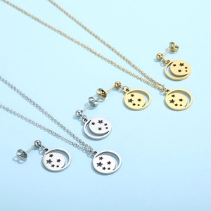 Gold and silver stainless steel jewelry sets with hollow star and moon pendants