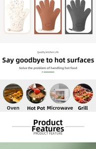 Detailed heat-resistant silicone gloves with non-slip texture and hanging loop for kitchen