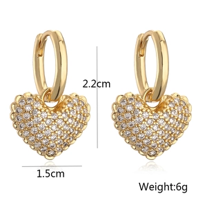 Detail showing dimensions of heart-shaped gold zircon drop earrings 2.2cm by 1.5cm