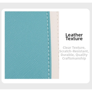 Detail of RFID wallet featuring blue Saffiano leather texture and white stitching