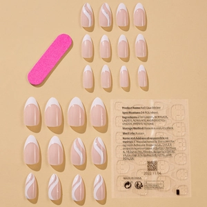 Almond-shaped French press-on nails set with wave glitter design and adhesive tabs