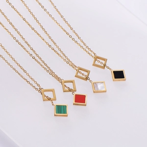 Elegant 18K gold plated stainless steel necklaces set with colorful square pendants