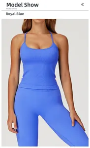 Detail of royal blue ribbed yoga set with thin cross straps and high waist leggings