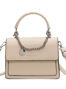 Elegant cream white flap square bag with top handle and metal chain decoration