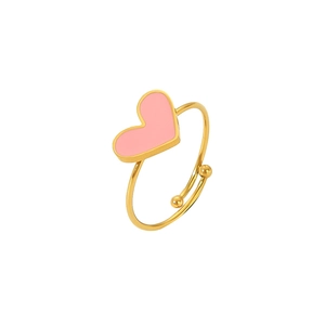 Detail of an adjustable gold-plated ring featuring a pink enamel heart and small beads