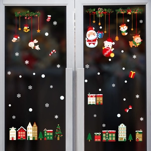 Christmas window decals with cartoon Santa, reindeer and animals for holiday glass decoration