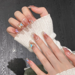 Unghie finte a mandorla fatte a mano effetto cat eye con ciondoli farfalla 3D e glitter