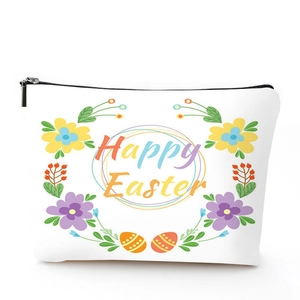 Detail of Happy Easter printed linen cosmetic bag with floral wreath and black zipper