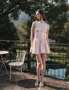 Outdoor shot of sleeveless pink and white plaid mini dress with front button detailing