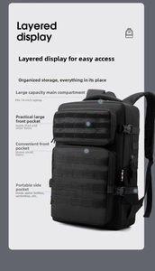 Detailed layered display of tactical backpack with internal storage compartments for laptop