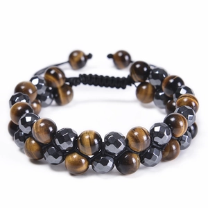 Natural Tiger Eye Hematite Double Layer Beaded Bracelet For Men Women Adjustable Handmade Braided Rope Wristband Jewelry