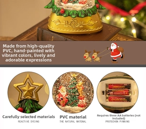 Detail view showing PVC Christmas snow globe with Santa, reindeer and battery specs