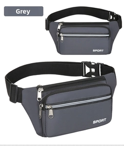 Detail view of the grey waterproof sports waist bag with three zippered compartments