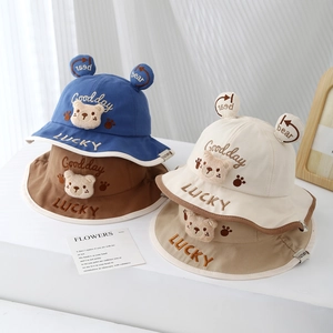 Kids Bucket Hat Cotton Blend Sun Protection Cute Cartoon Bear 3D Ears Embroidery Windproof Sunshade For Toddlers