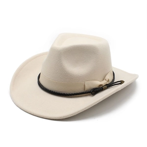 Classic cream western wool felt cowboy hat with black braided rope and ribbon bow detail